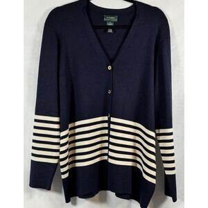 Ralph Lauren Women's Navy Striped Nautical Sweater Silk Blend Cardigan Size XL